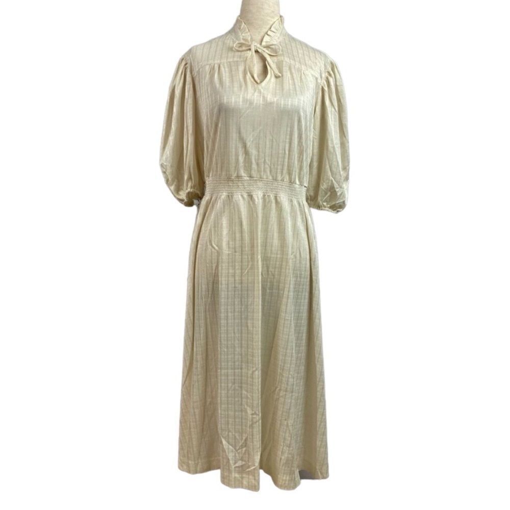 Vintage 70s Ivory Romantic Puff Sleeve Shimmer Summer Tea Length Blouson Dress